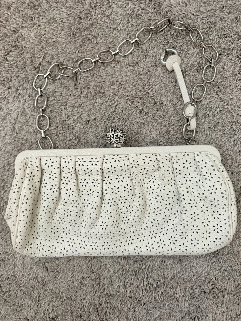 Brighton White Perforated Shoulder Bag/Clutch with Silver Chain